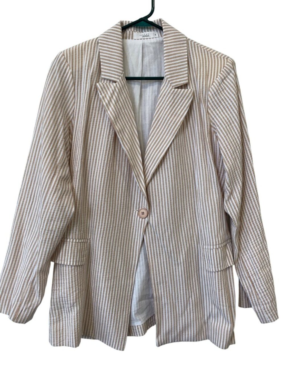 Talulah Blazer Jacket Small Striped Singl Button Long Sleeve White Beige Career